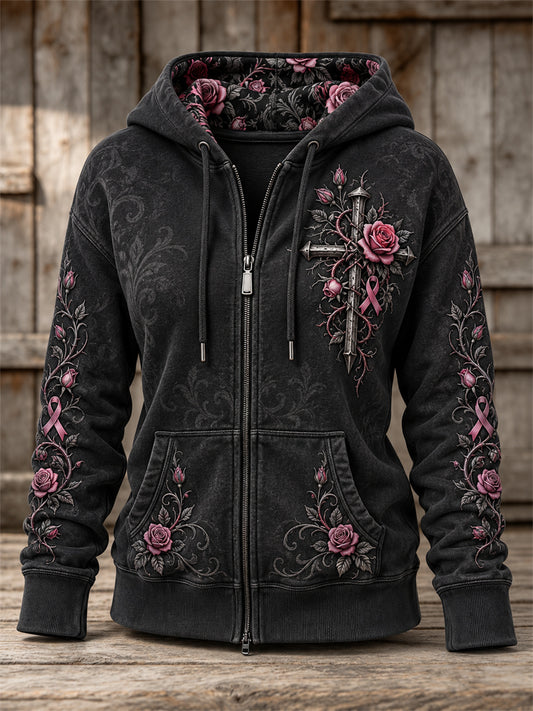Women's Gothic Cross Pink Ribbon Roses Floral Print Full Zip Hoodie