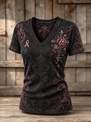 Women's Corss and Pink Charity Ribbon Pattern Design Casual Short-sleeved T-shirt
