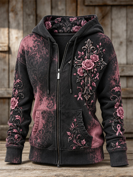 Women's Gothic Cross Pink Ribbon Roses Floral Pink Bleached Full Zip Hoodie