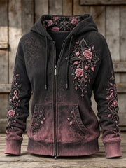 Women's Gothic Cross Pink Ribbon Roses Floral Gradient Color Print Full Zip Hoodie