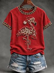 Women's Christmas Leopard Flamingo Print Casual Tee