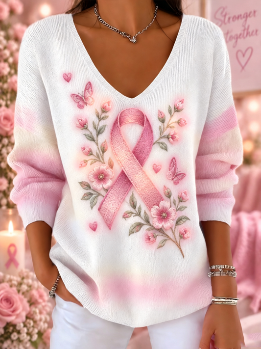 Women's Breast Cancer Pink Art Print V-Neck Ribbed Top