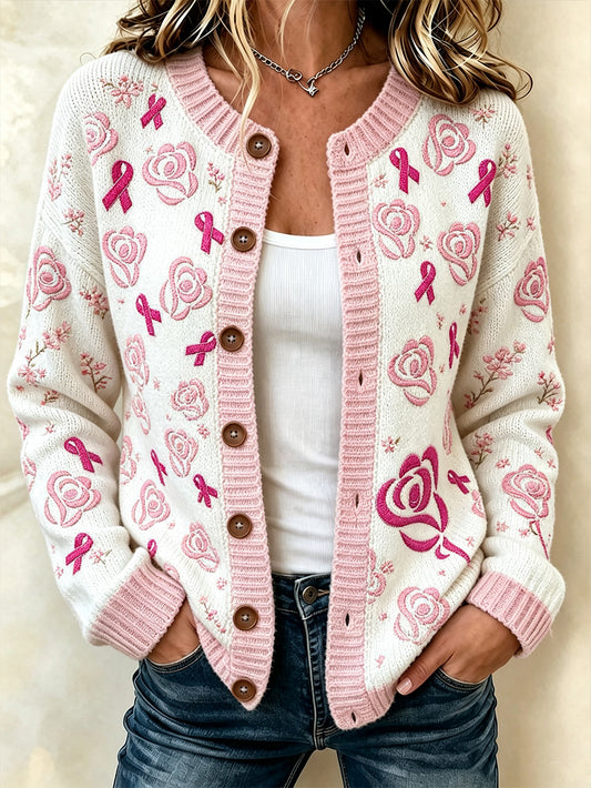Women's Pink Rose and Pink Charity Ribbon Pattern Design Casual Cardigan-Style Knit Jacket