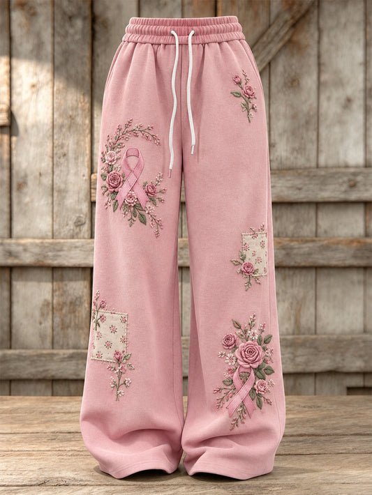 Women's Pink Rose and Pink Charity Ribbon Pattern Design Casual Sweatpants