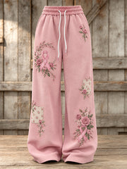 Women's Pink Rose and Pink Charity Ribbon Pattern Design Casual Sweatpants