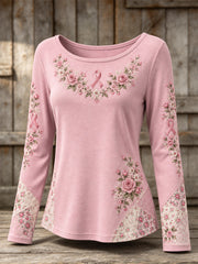 Women's Pink Rose and Pink Charity Ribbon Pattern Design Casual Velour Oversized Round Neck T-Shirt