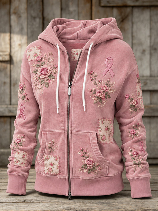 Women's Pink Rose and Pink Charity Ribbon Pattern Design Casual Zip-Up Hoodie