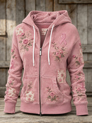 Women's Pink Rose and Pink Charity Ribbon Pattern Design Casual Zip-Up Hoodie
