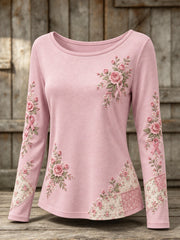 Women's Pink Rose and Pink Charity Ribbon Pattern Design Casual Velour Oversized Round Neck T-Shirt
