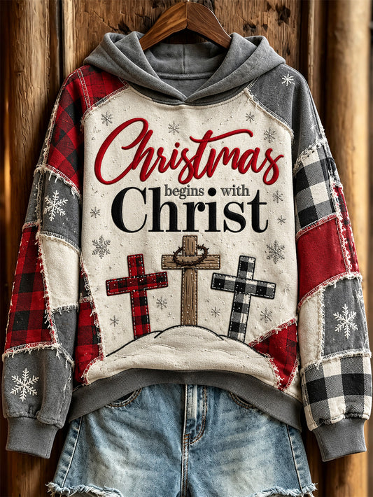 Women's Christmas Color Block Patchwork Design Christmas Begins With ChristPattern Casual Hoodie