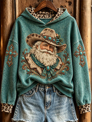 Women's Vintage Christmas Western Santa Claus & Cross Print Hoodie
