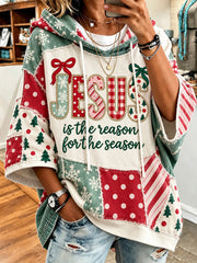 Women's Christmas Color Block Patchwork Design Jesus Is The Reason For The Season Pattern Casual Hoodie