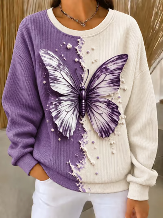 Women's Butterfly printed Ribbed Round-Neck Sweatshirt