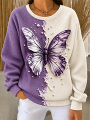 Women's Butterfly printed Ribbed Round-Neck Sweatshirt