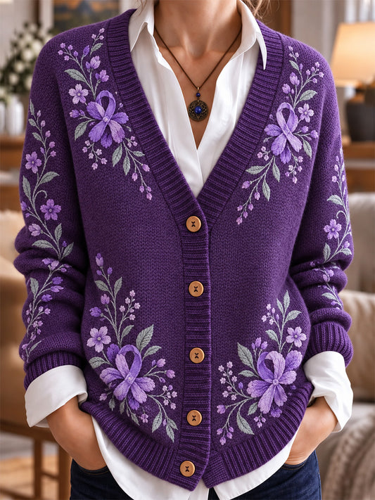 Women's Purple Art Print Casual Cardigan