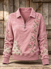 Women's Pink Rose and Pink Charity Ribbon Pattern Casual Half-zip Hoodie