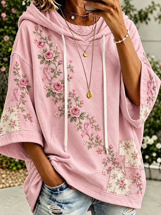 Women’s Pink Rose and Pink Charity Ribbon Pattern Casual Hoodie