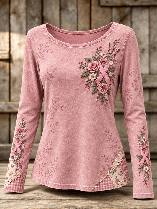 Women's Vintage Cottagecore Pink Ribbon Patchwork Print Round Neck T-Shirt