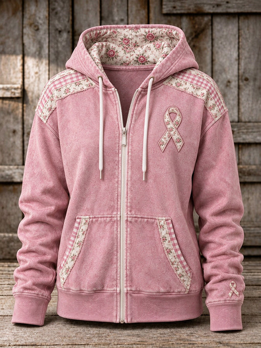 Women's Vintage Cottagecore Pink Ribbon Patchwork Print Zip-Up Hoodie