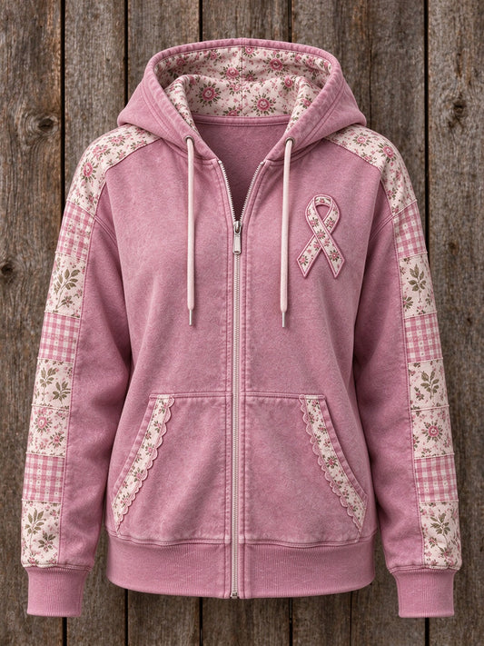 Women's Vintage Cottagecore Pink Ribbon Patchwork Print Zip-Up Hoodie
