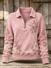 Women's Pink Rose and Pink Charity Ribbon Pattern Casual Half-zip Hoodie
