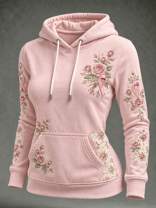 Women's Pink Rose and Pink Charity Ribbon Pattern Casual Hoodie