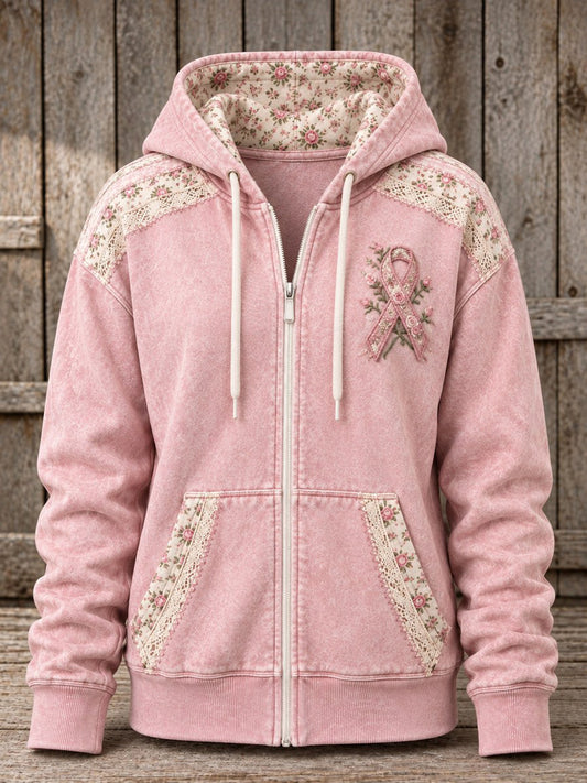 Women's Vintage Cottagecore Pink Ribbon Patchwork Print Zip-Up Hoodie