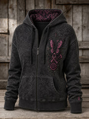 Women's Vintage Butterfly Pink Ribbon Gothic Rose Print Zip-Up Hoodie