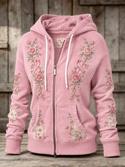 Women's Pink Rose and Pink Charity Ribbon Pattern Casual Zip-Up Hoodie