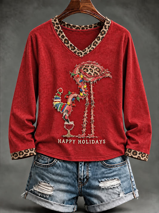 Women's Christmas Leopard Flamingo Print Casual Long-Sleeve V-Neck T-Shirt