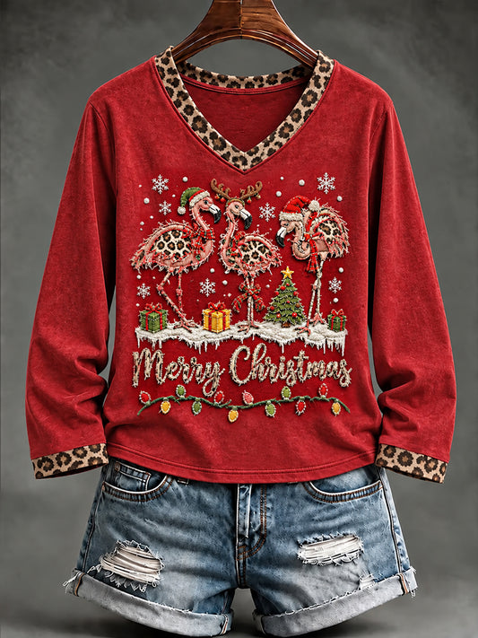 Women's Merry Christmas Leopard Flamingos Print Casual Long-Sleeve V-Neck T-Shirt