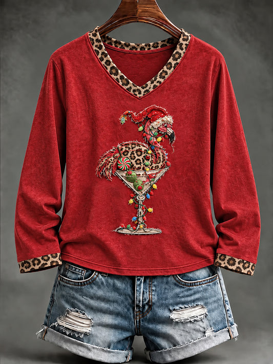 Women's Christmas Leopard Flamingo Cocktail Glass Print Casual Long-Sleeve V-Neck T-Shirt