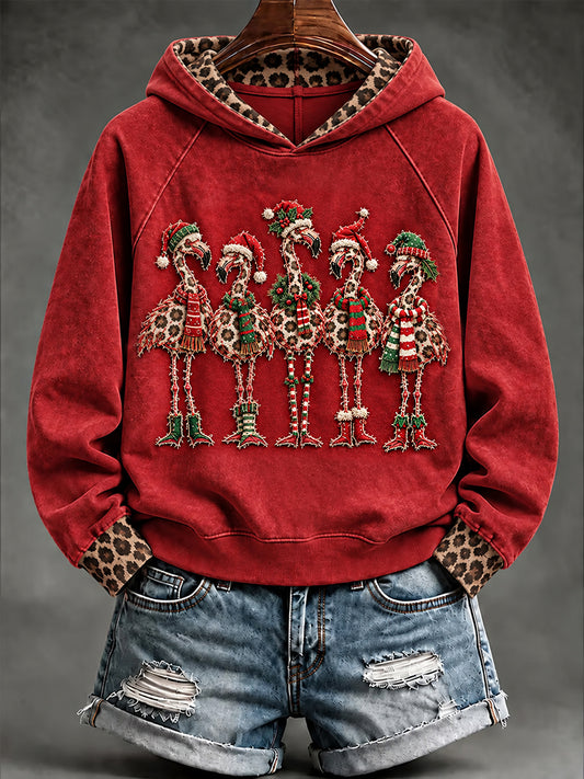 Women's Christmas Leopard Flamingos Print Casual Hoodie