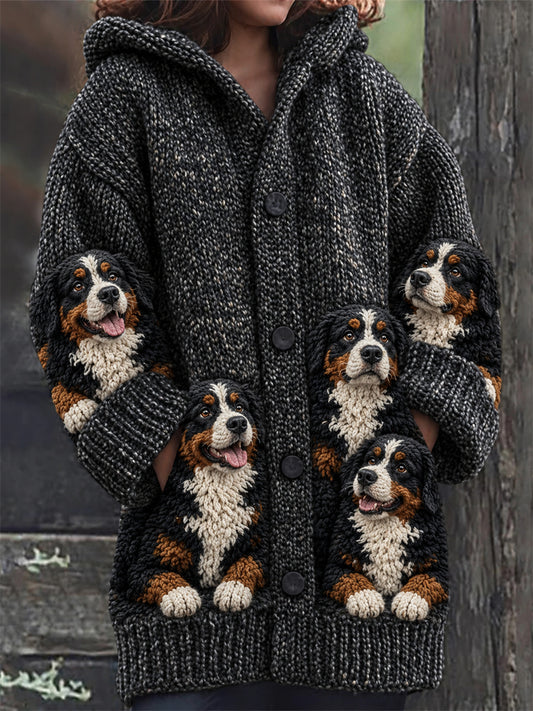 Women's Vintage Crowded Bernese Mountain Dogs Print Cozy Composite Fleece Long Coat