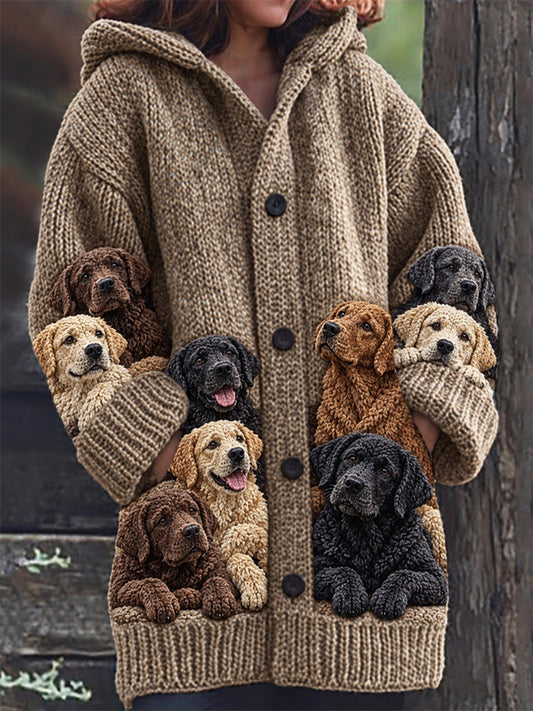 Women's Crowded Labrador Dogs Print Cozy Composite Fleece Long Coat