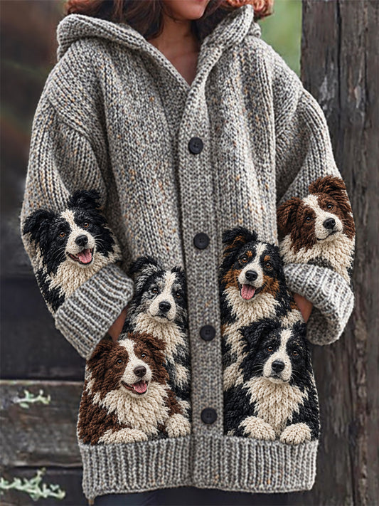 Women's Crowded Border Collie Dogs Print Cozy Composite Fleece Long Coat