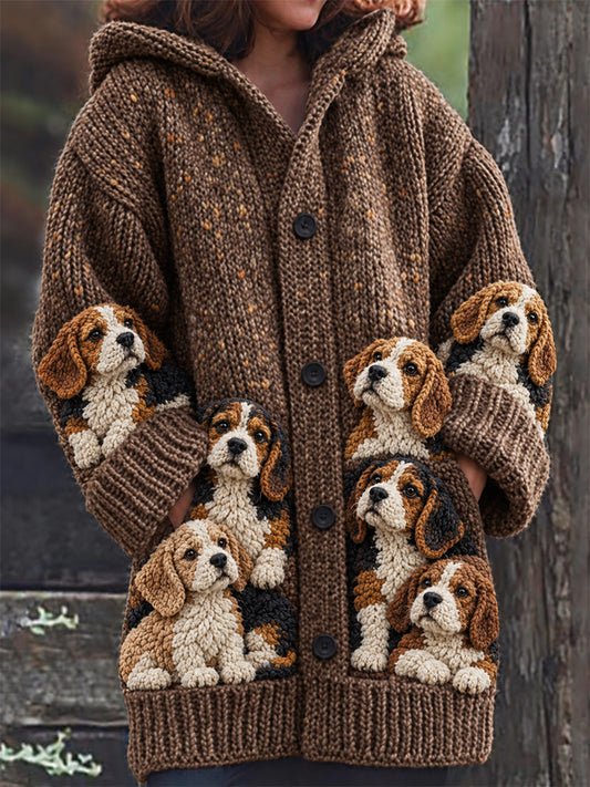 Women's Crowded Beagle Dogs Print Cozy Composite Fleece Long Coat