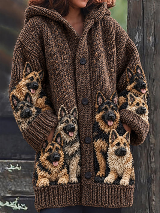 Women's Vintage Crowded German Shepherd Dogs Print Cozy Composite Fleece Long Coat