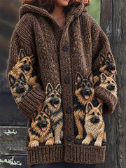 Women's Vintage Crowded German Shepherd Dogs Print Cozy Composite Fleece Long Coat