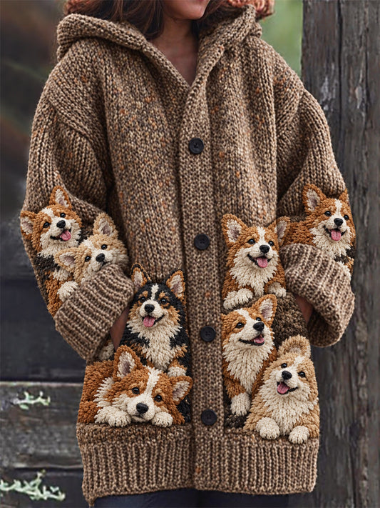 Women's Vintage Crowded Corgi Dogs Print Cozy Composite Fleece Long Coat