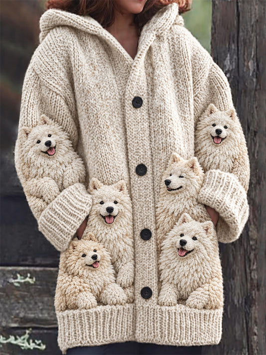 Women's Vintage Crowded Samoyed Dogs Print Cozy Composite Fleece Long Coat