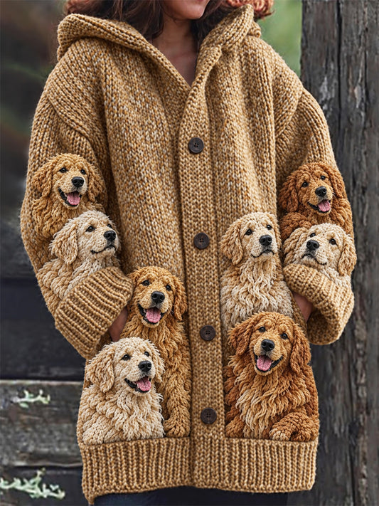 Women's Crowded Golden Retriever Dogs Print Cozy Composite Fleece Long Coat