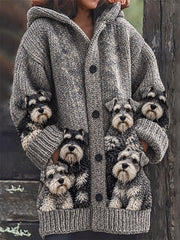 Women's Vintage Crowded Schnauzer Dogs Print Cozy Composite Fleece Long Coat