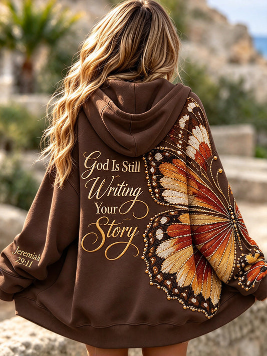 Women's God Is Still Writing Your Story Butterfly Print Zip-Up Hoodie