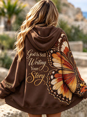 Women's God Is Still Writing Your Story Butterfly Print Zip-Up Hoodie
