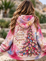 Women's Jesus is the Reason for the Season Christmas Tree Print Zip-Up Hoodie