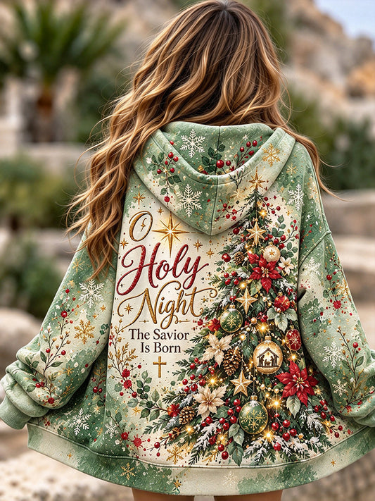 Women's O Holy Night The Savior Is Born Christmas Tree Print Zip-Up Hoodie