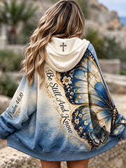 Women's Be Still And Know Cross Butterfly Print Zip-Up Hoodie