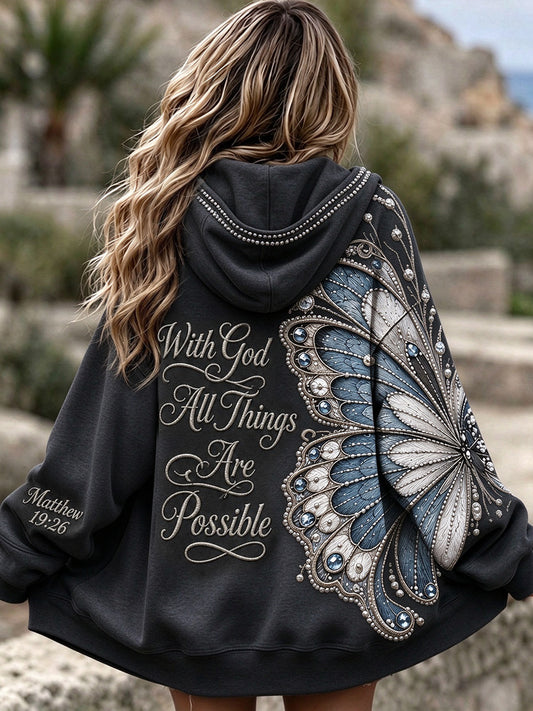 Women's With God All Things Are Possible Butterfly Print Zip-Up Hoodie