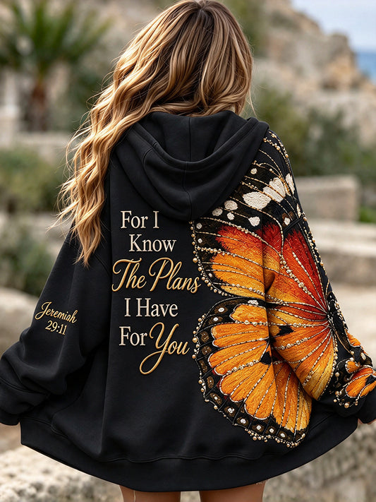 Women's For I Know The Plans I Have For You Butterfly Print Zip-Up Hoodie